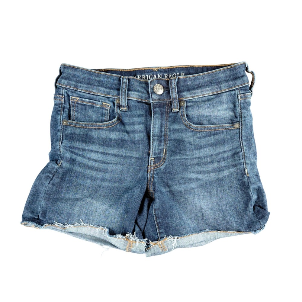 American Eagle Outfitters Midi Denim Shorts Blue Next Level Stretch Size 6 Raw